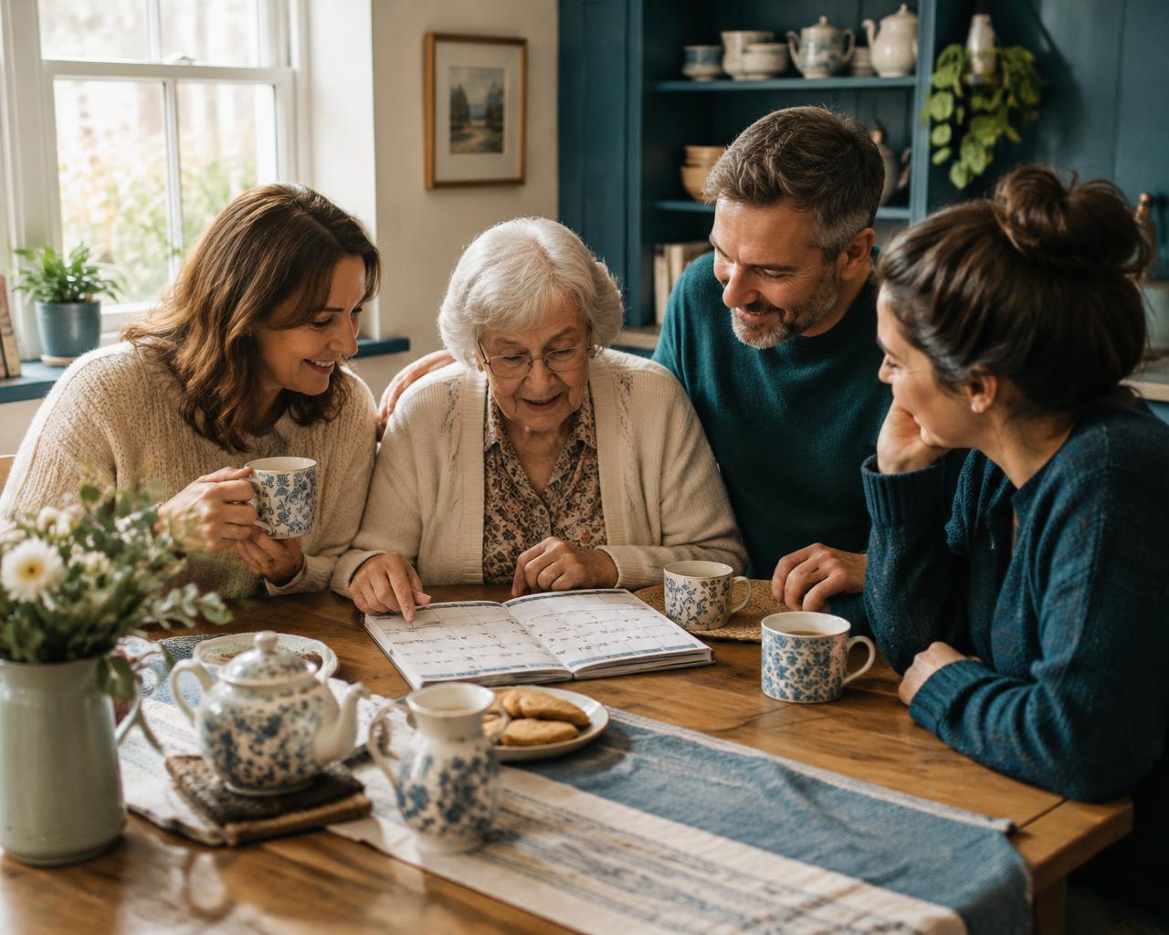 Siblings and their mother looking at a calendar together at the kitchen table